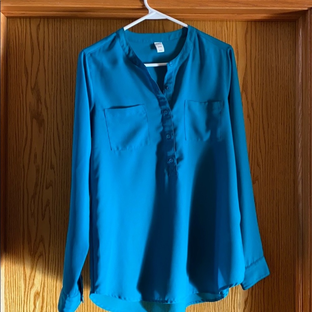 Teal blouse, long sleeve sheer with half button M